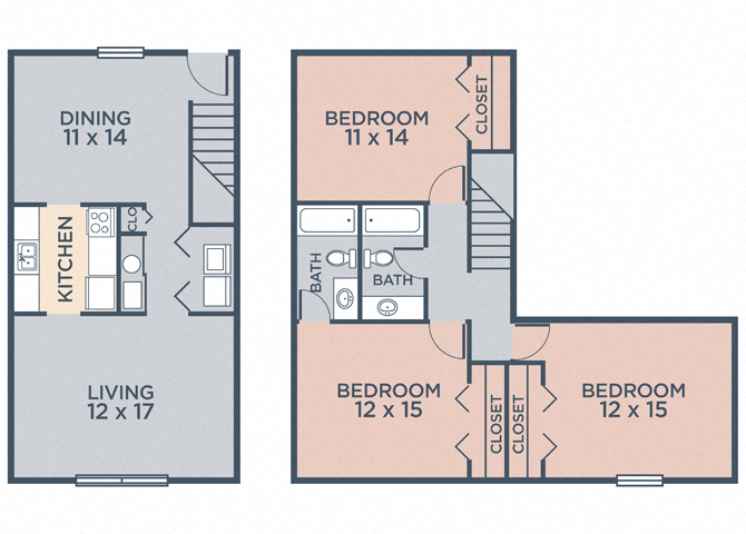 Floor plan for 3 beds, 2 baths, 1295 sqft