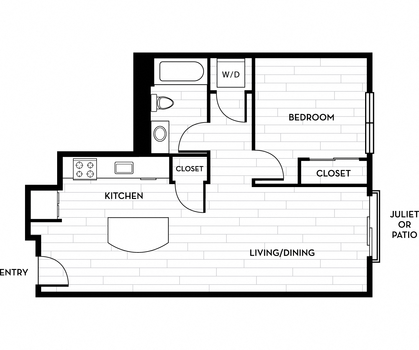 Floor plan for 1 bed, 1 bath, 709 sqft