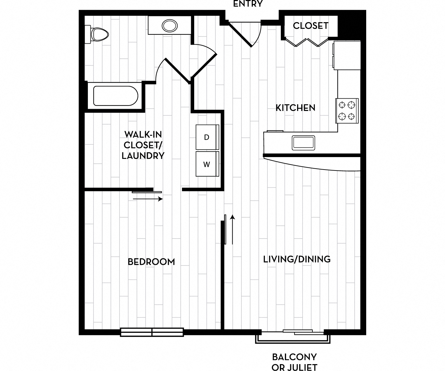 Floor plan for 1 bed, 1 bath, 773 sqft