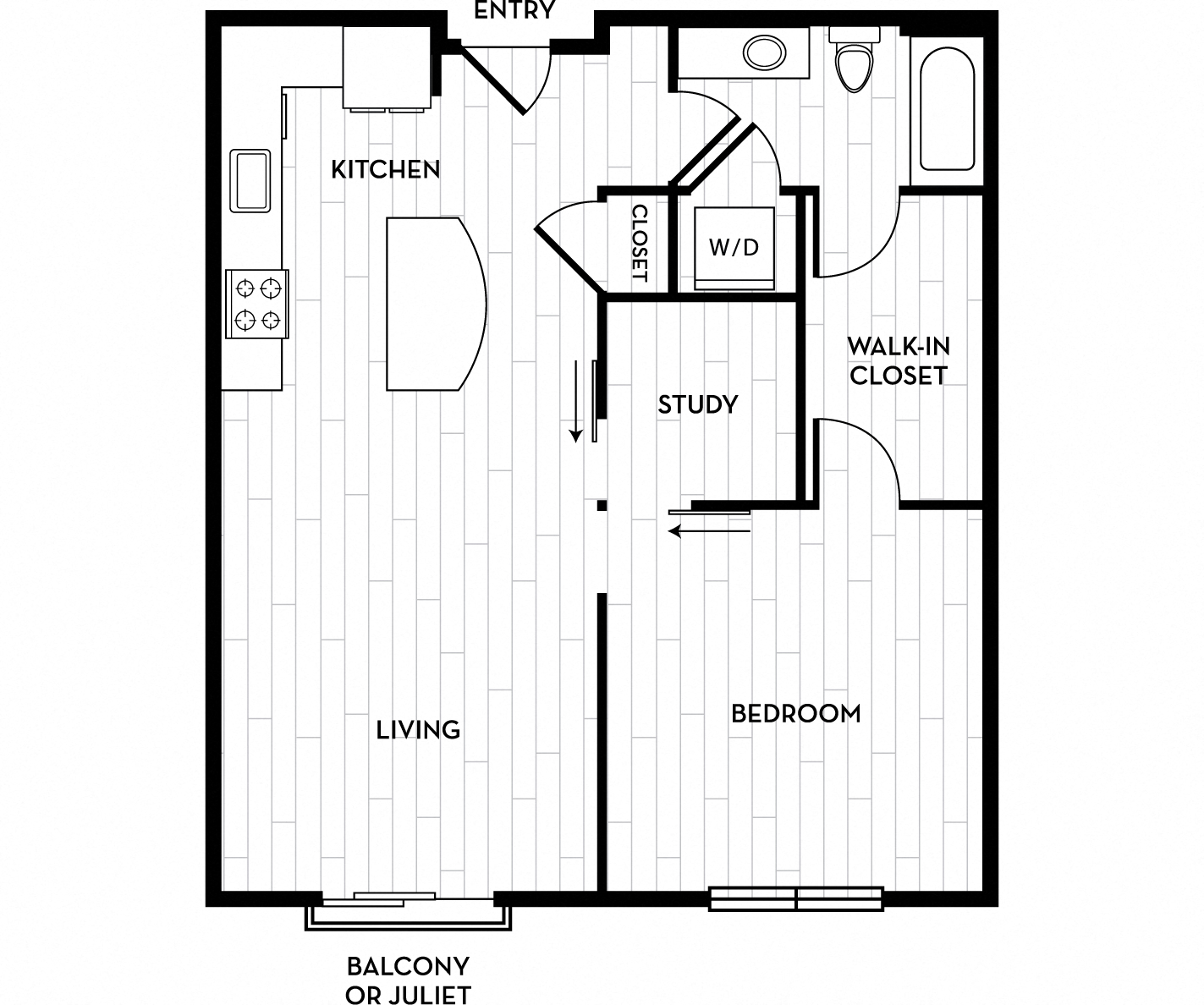 Floor plan for 1 bed, 1 bath, 781 sqft
