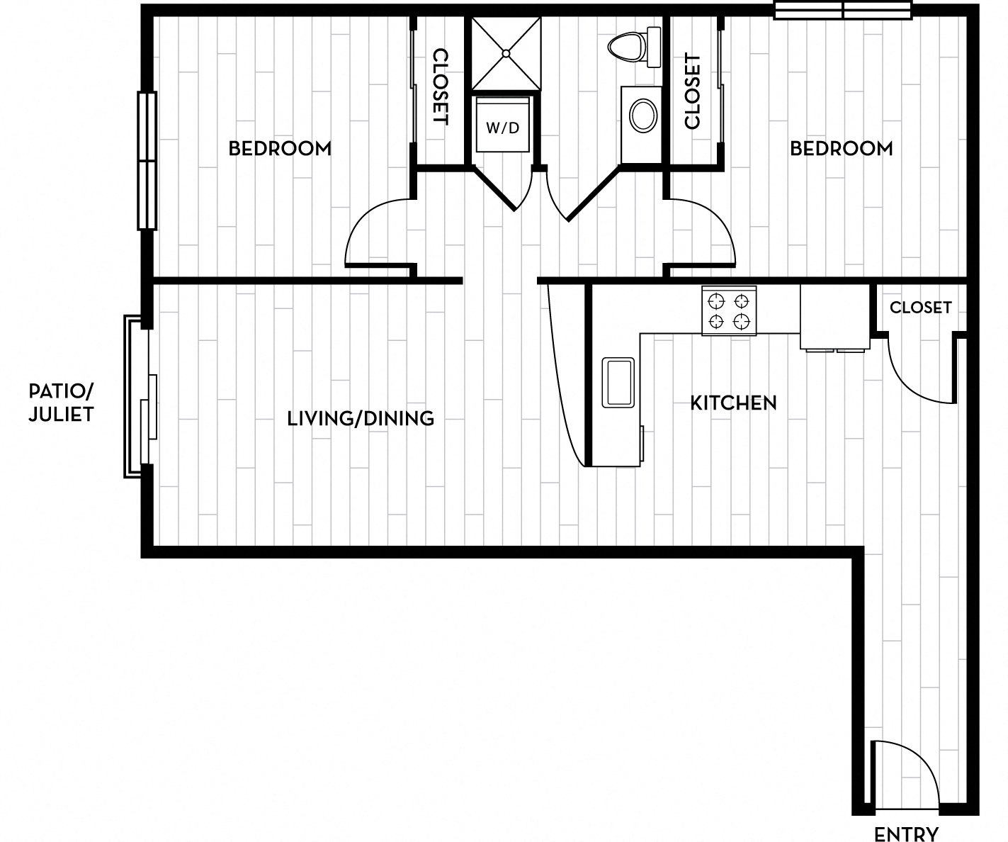 Floor plan for 2 beds, 1 bath, 921 sqft