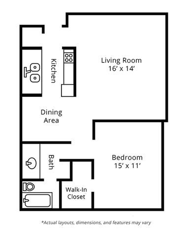 Floor plan for 1 bed, 1 bath, 720 sqft