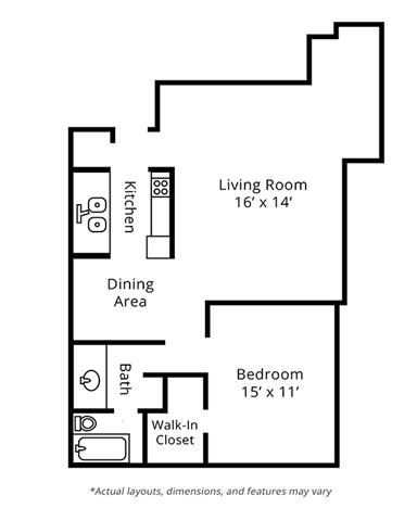 Floor plan for 1 bed, 1 bath, 740 sqft