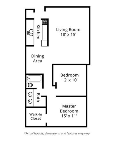 Floor plan for 2 beds, 1 bath, 940 sqft
