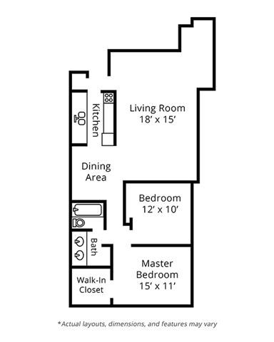 Floor plan for 2 beds, 1 bath, 960 sqft