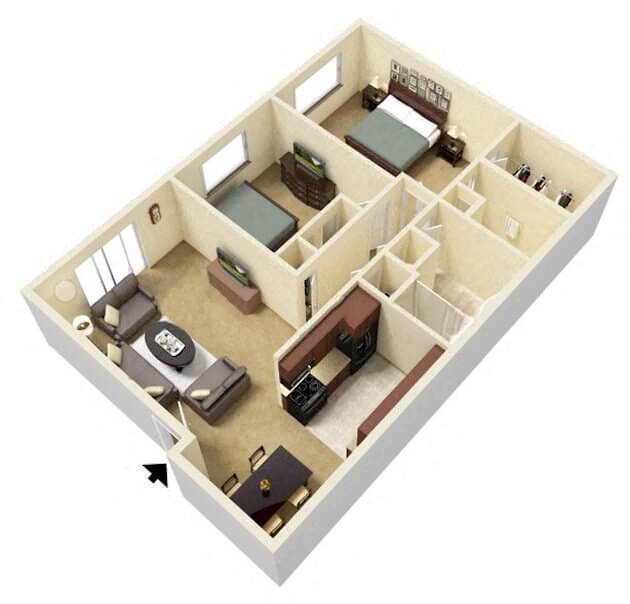 Floor plan for 2 beds, 1.5 baths, 913 sqft