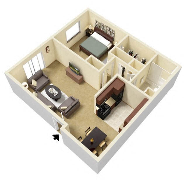 Floor plan for 1 bed, 1 bath, 663 sqft