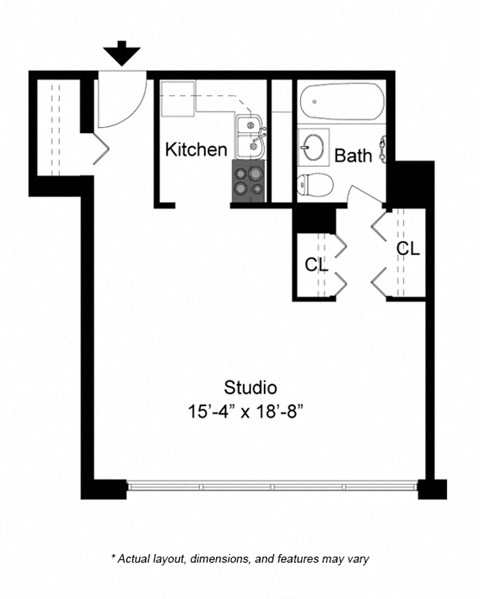 Floor plan for studio, 1 bath, 418 sqft