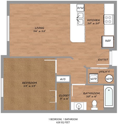 Floor plan for 1 bed, 1 bath, 745 sqft