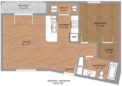 Floor plan for 1 bed, 1 bath, 700 sqft