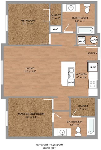 Floor plan for 2 beds, 2 baths, 988 sqft