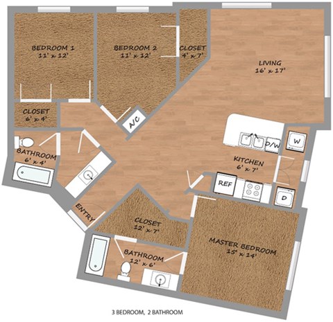 Floor plan for 3 beds, 2 baths, 1422 sqft