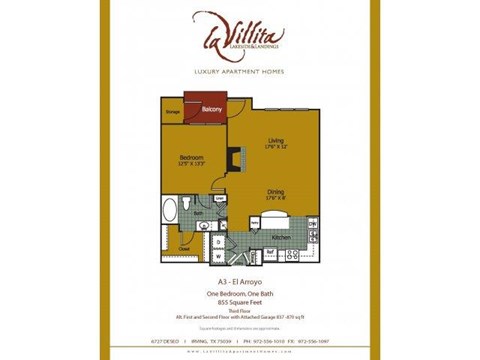 Floor plan for 1 bed, 1 bath, 899 sqft
