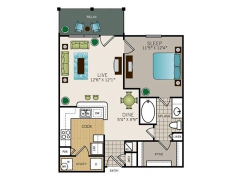 Floor plan for 1 bed, 1 bath, 672 sqft