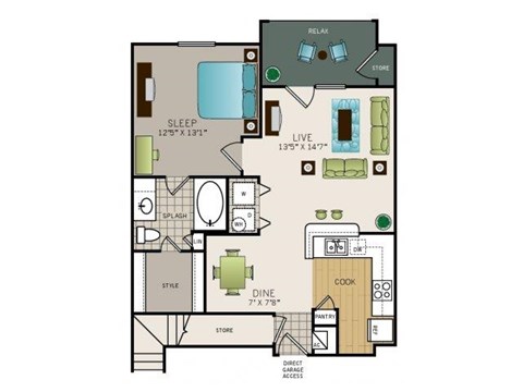 Floor plan for 1 bed, 1 bath, 783 sqft