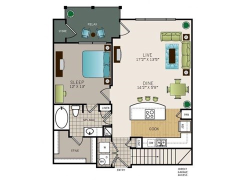 Floor plan for 1 bed, 1 bath, 877 sqft