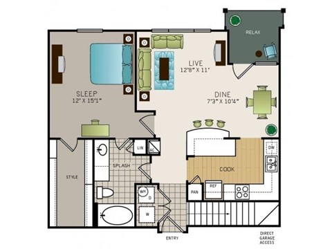 Floor plan for 1 bed, 1 bath, 894 sqft