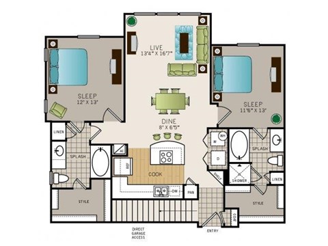 Floor plan for 2 beds, 2 baths, 1137 sqft
