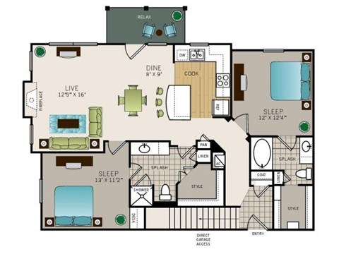 Floor plan for 2 beds, 2 baths, 1189 sqft