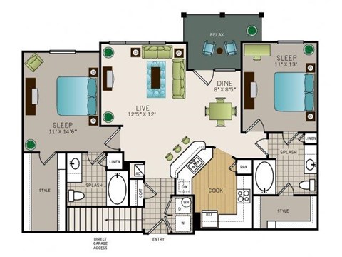 Floor plan for 2 beds, 2 baths, 1188 sqft