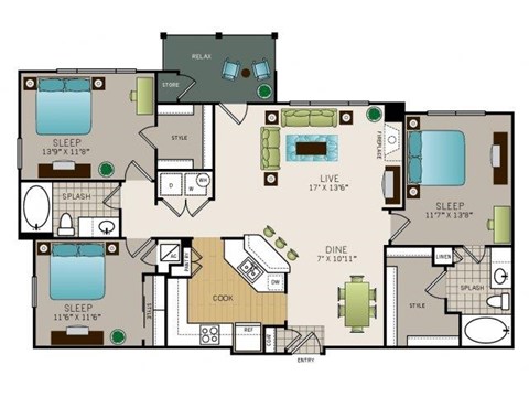 Floor plan for 3 beds, 2 baths, 1348 sqft