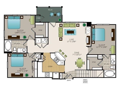 Floor plan for 3 beds, 2 baths, 1362 sqft