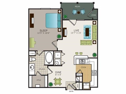 Floor plan for 1 bed, 1 bath, 752 sqft