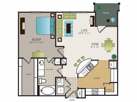 Floor plan for 1 bed, 1 bath, 850 sqft