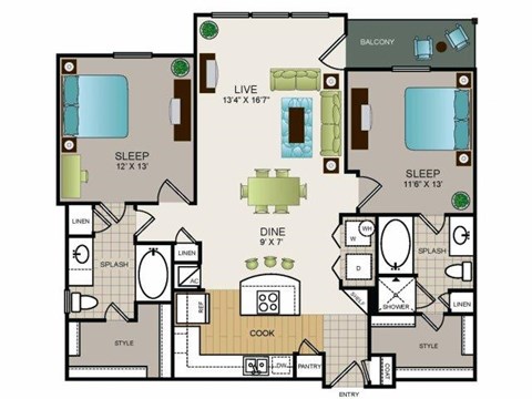 Floor plan for 2 beds, 2 baths, 1116 sqft