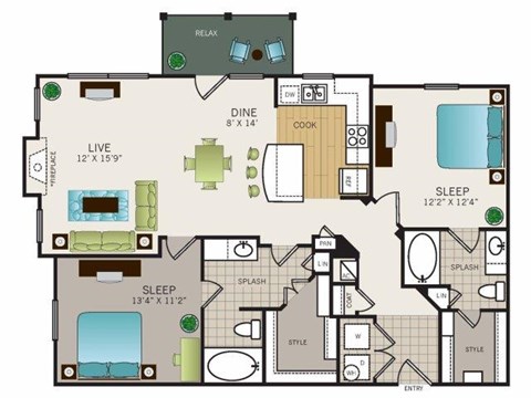 Floor plan for 2 beds, 2 baths, 1128 sqft