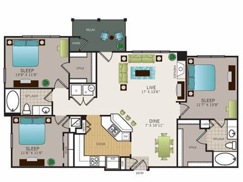 Floor plan for 3 beds, 2 baths, 877 sqft