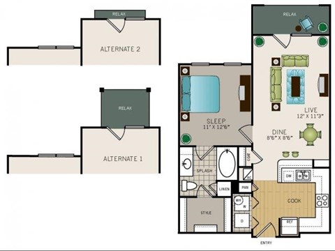Floor plan for 1 bed, 1 bath, 700 sqft