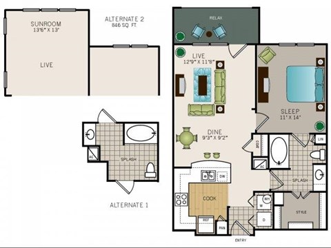 Floor plan for 1 bed, 1 bath, 846 sqft