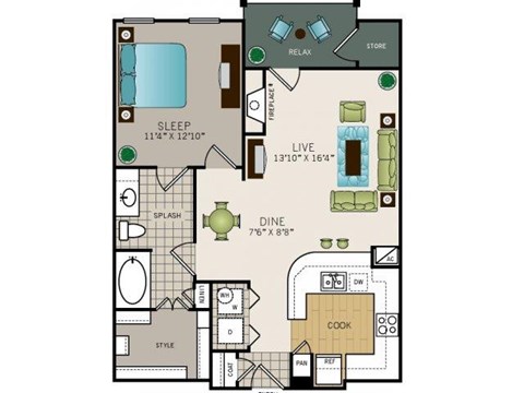 Floor plan for 1 bed, 1 bath, 793 sqft