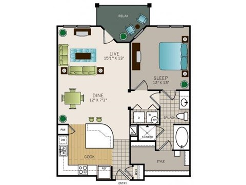 Floor plan for 1 bed, 1 bath, 867 sqft