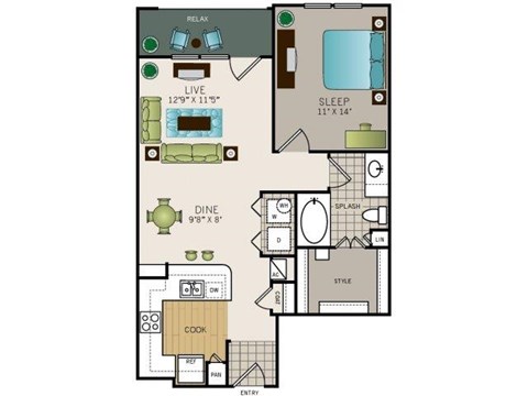 Floor plan for 1 bed, 1 bath, 786 sqft
