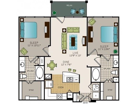 Floor plan for 2 beds, 2 baths, 1084 sqft