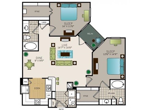 Floor plan for 2 beds, 2 baths, 1201 sqft