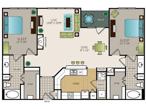 Floor plan for 2 beds, 2 baths, 1383 sqft