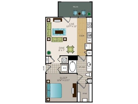 Floor plan for studio, 1 bath, 646 sqft