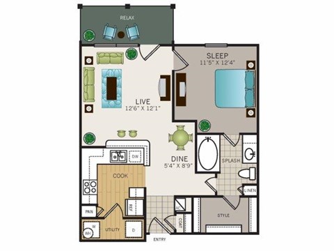 Floor plan for 1 bed, 1 bath, 676 sqft