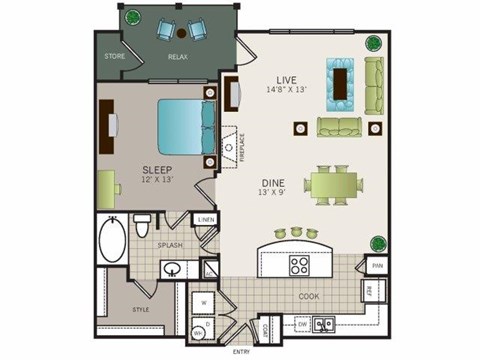 Floor plan for 1 bed, 1 bath, 882 sqft
