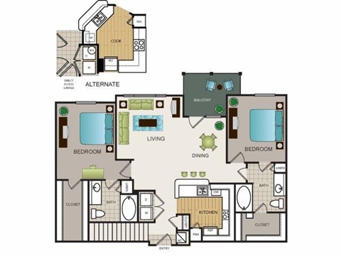 Floor plan for 2 beds, 2 baths, 1197 sqft