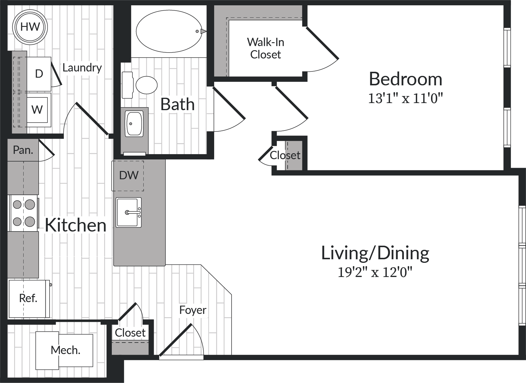 Floor plan for 1 bed, 1 bath, 795 sqft