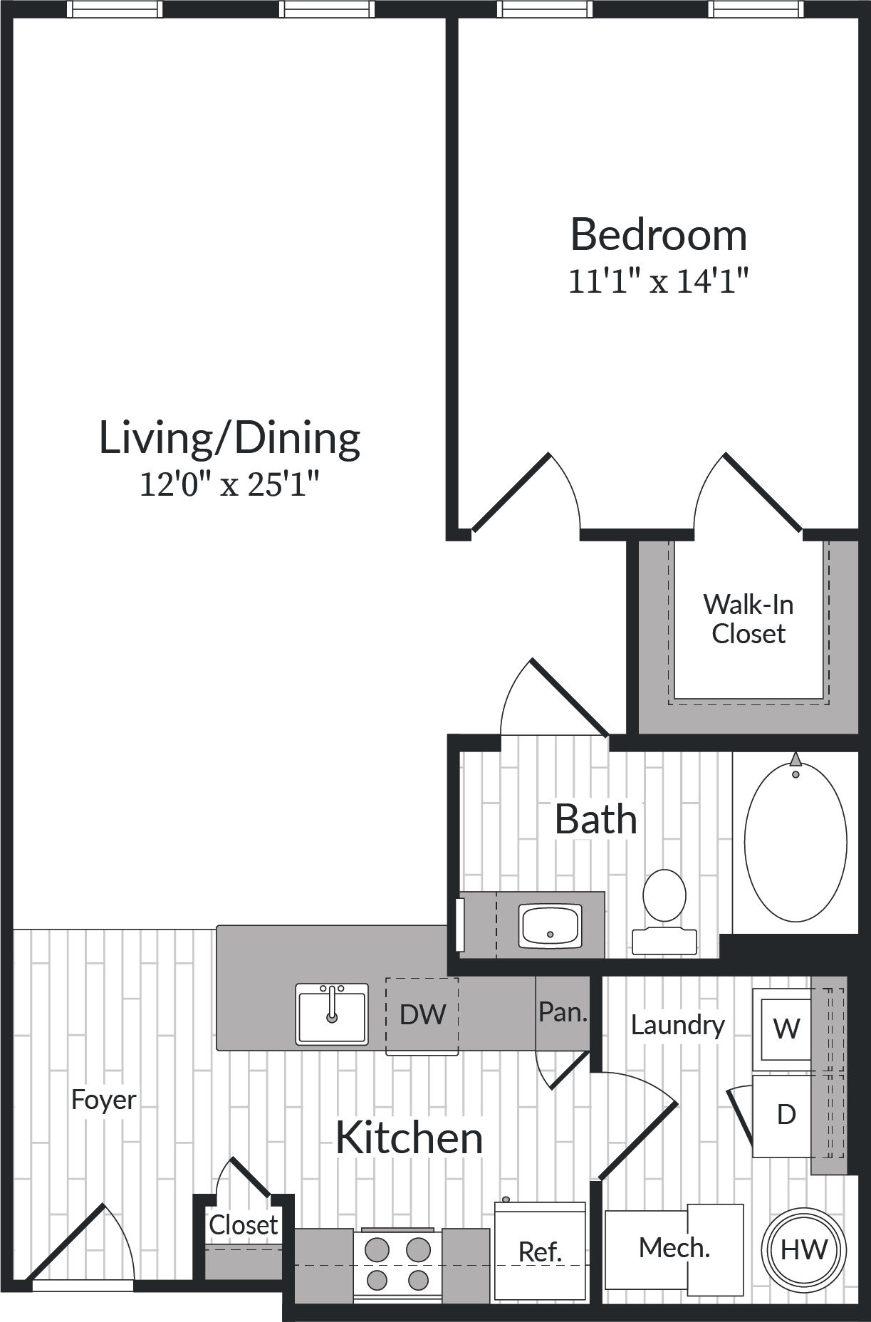 Floor plan for 1 bed, 1 bath, 815 sqft