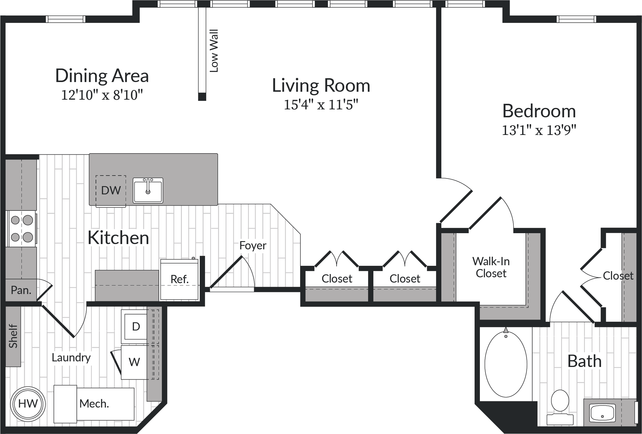 Floor plan for 1 bed, 1 bath, 976 sqft