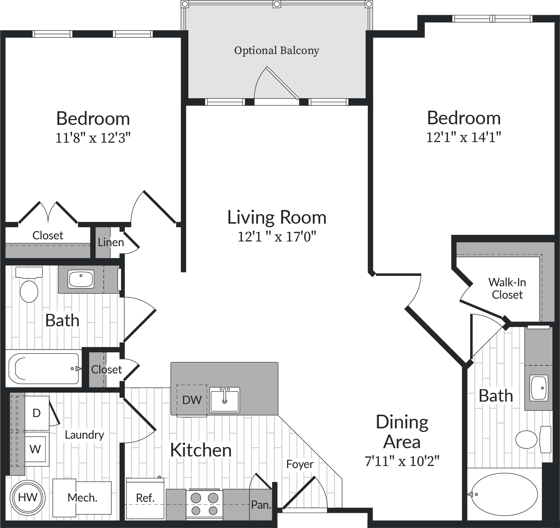 Floor plan for 2 beds, 2 baths, 1161 sqft