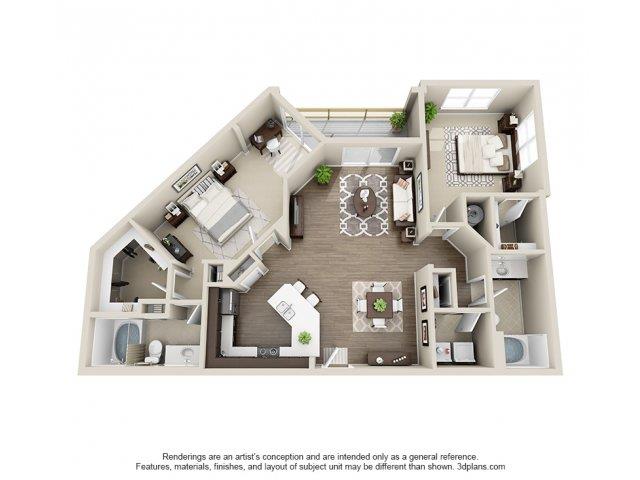 Floor plan for 2 beds, 2 baths, 1198 sqft