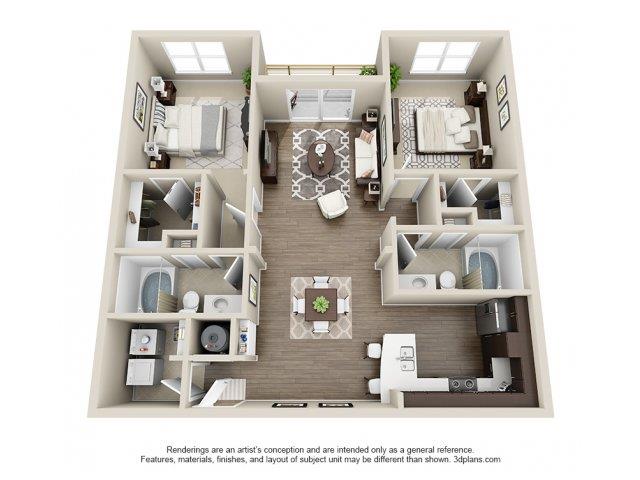 Floor plan for 2 beds, 2 baths, 1104 sqft