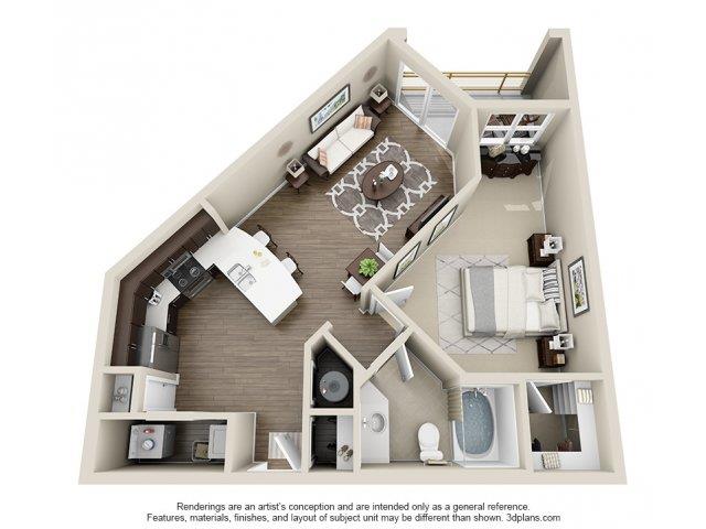 Floor plan for 1 bed, 1 bath, 710 sqft